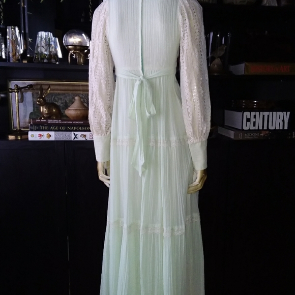 Vintage Cotton Gauze Mint Lace Prairie Maxi Dress Sz XS - Picture 2 of 10